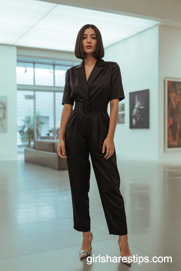 Black Tailored Jumpsuit with Snakeskin Heels