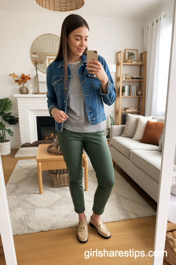 Denim Jacket with Striped Tee and Forest Green Pants