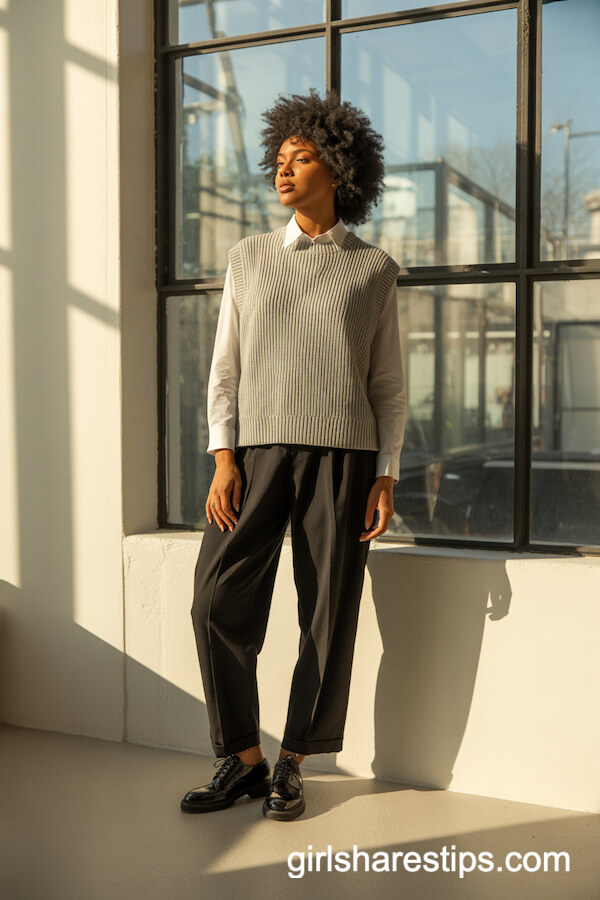 Gray Sweater Vest over White Shirt with Black Pants