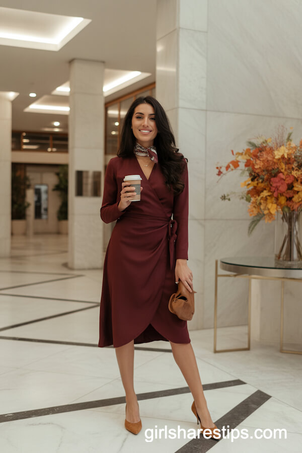 Burgundy Wrap Dress with Tan Suede Heels