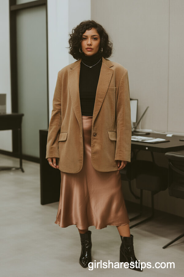 Tan Corduroy Blazer with Bronze Satin Slip Skirt