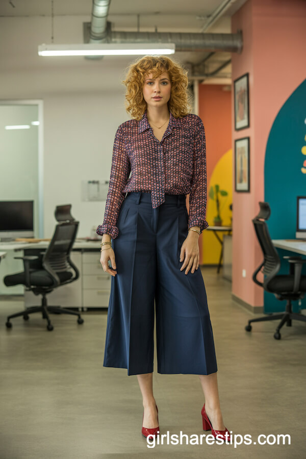 Bold Patterned Blouse with Navy Culottes