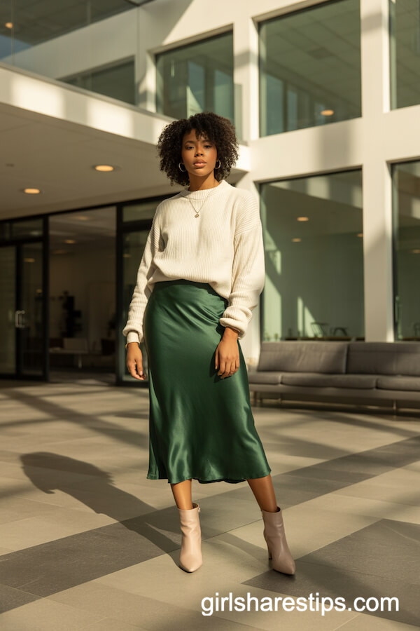 Emerald Midi Skirt with Ivory Cashmere Sweater