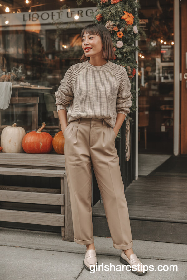 Chunky Beige Knit with Tan Trousers and Loafers