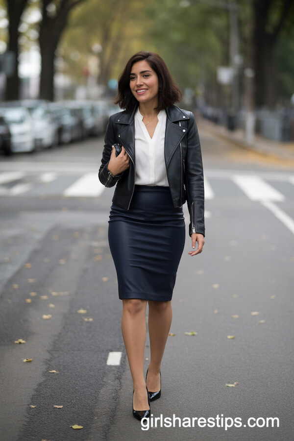 Black Moto Jacket with Navy Pencil Skirt