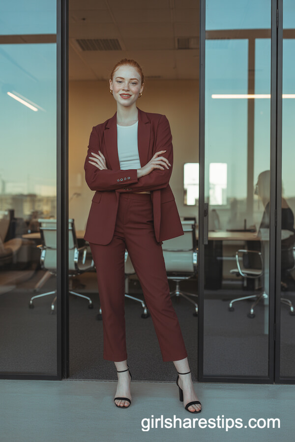 Burgundy Suit with White Shell Top