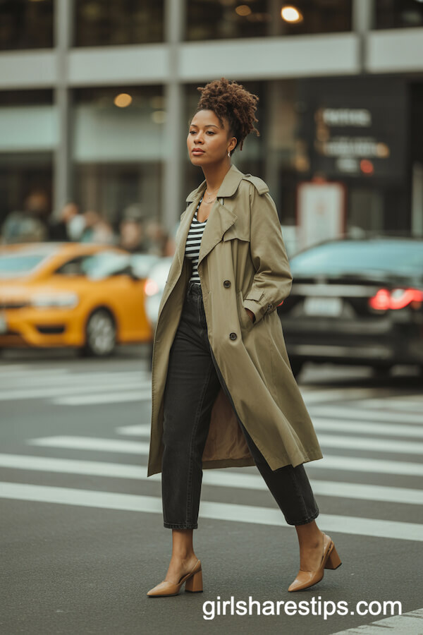 Khaki Trench Coat with Black Cropped Pants