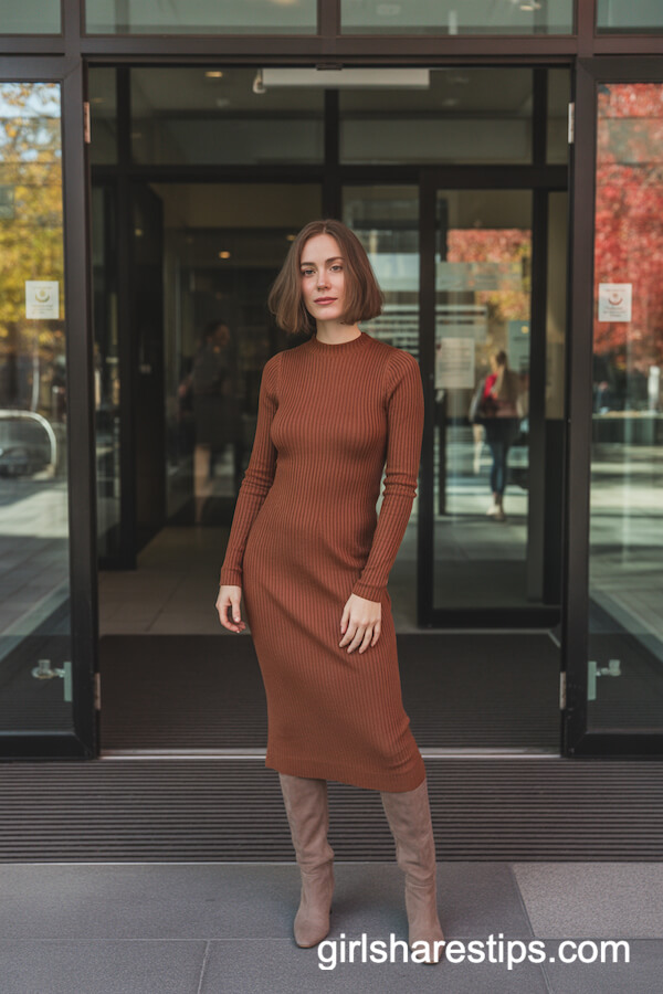 Rust Knit Midi Dress with Taupe Knee-High Boots