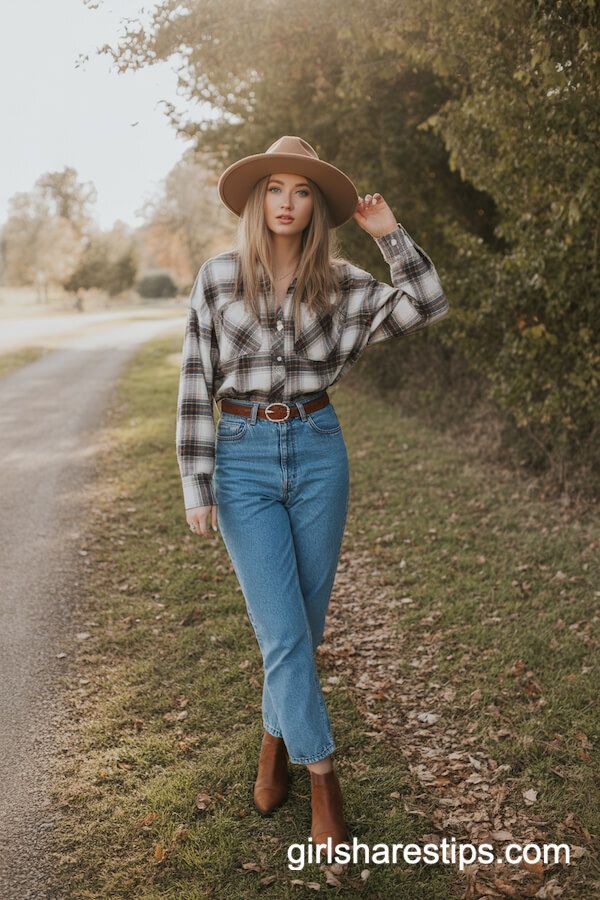 Plaid Button-Up and High-Waisted Jeans