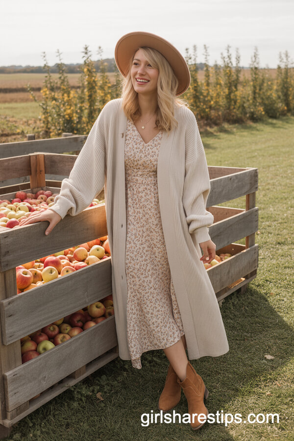 Cream Duster Cardigan with Floral Dress