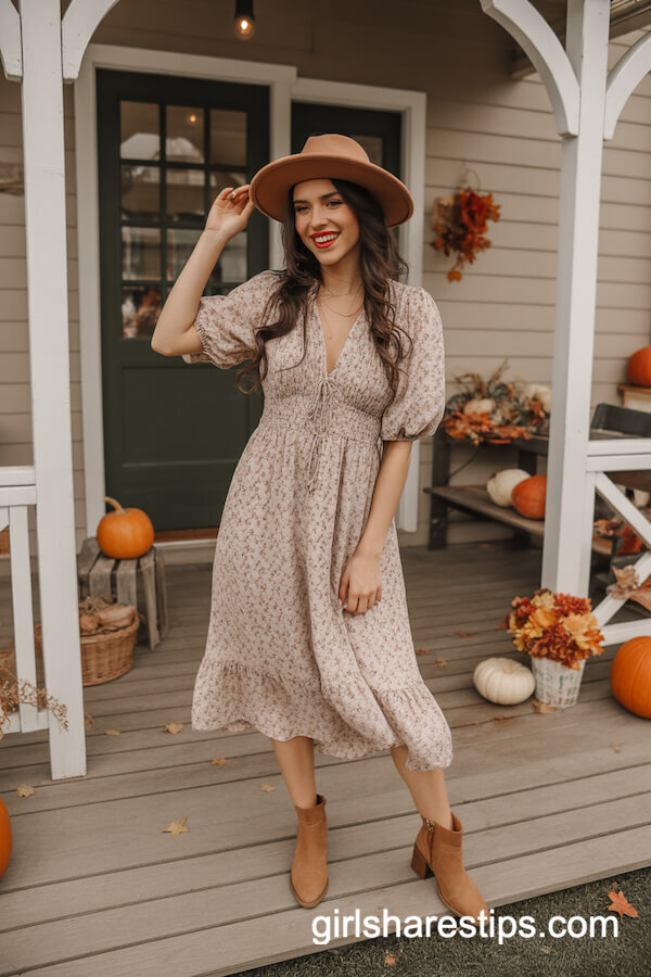 Flowy Floral Midi Dress and Fedora
