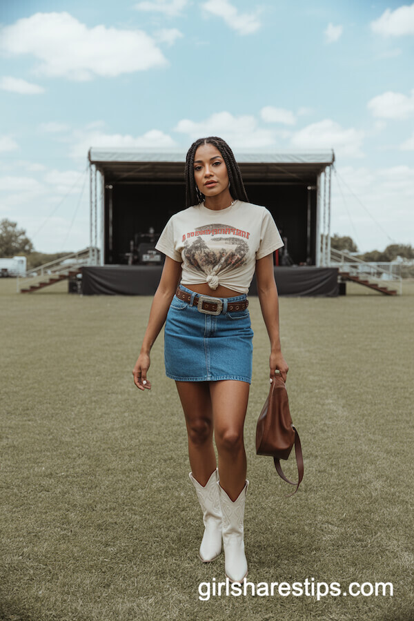 Knot-Tied Graphic Tee Denim Mini Skirt