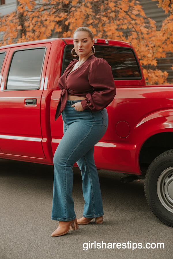 Burgundy Tie-Front Blouse with Flare Jeans