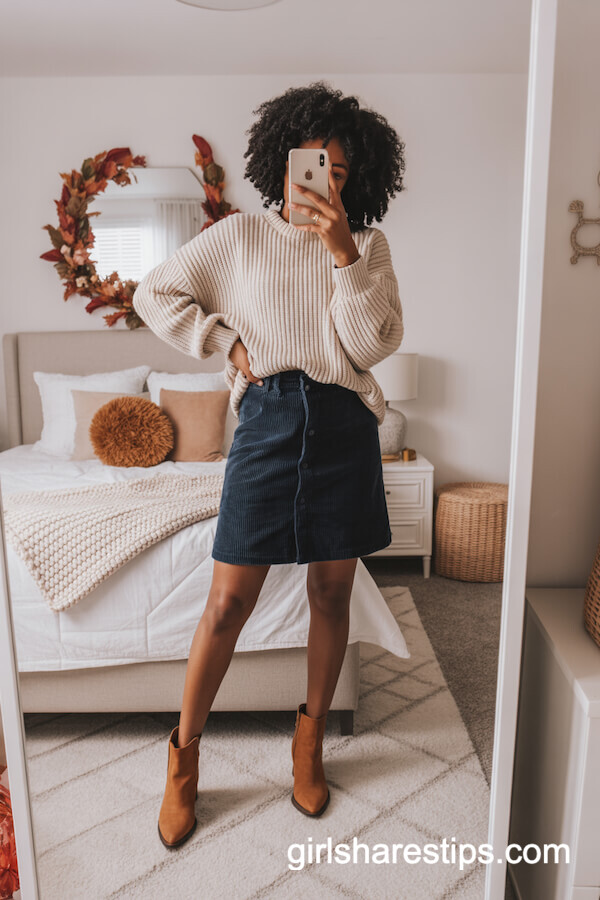 Navy Corduroy Skirt and Chunky Knit Sweater