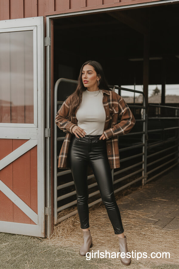 Brown Plaid Shacket with Faux Leather Pants