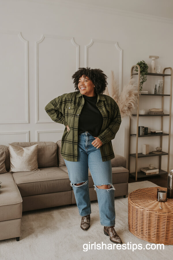 Green Flannel and Distressed Jeans