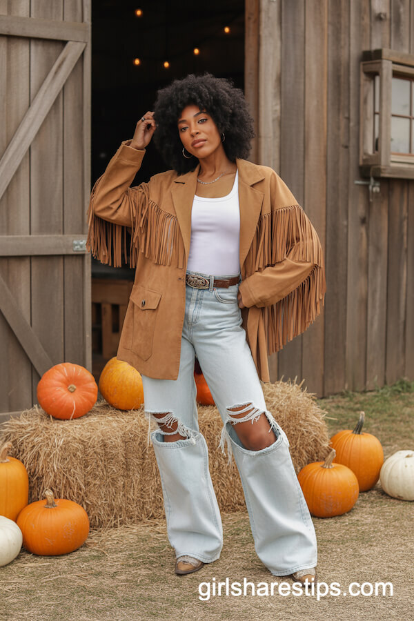 Suede Fringe Jacket with Distressed Jeans