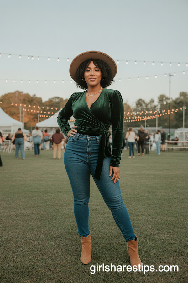 Forest Green Velvet Wrap Top and Skinny Jeans