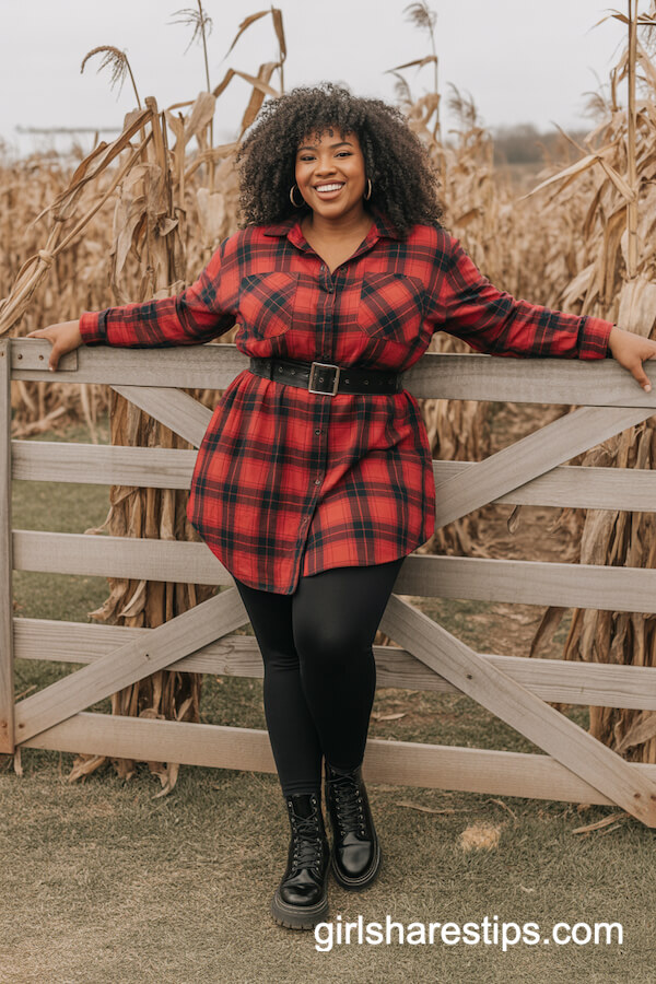 Belted Red Plaid Shirt Dress