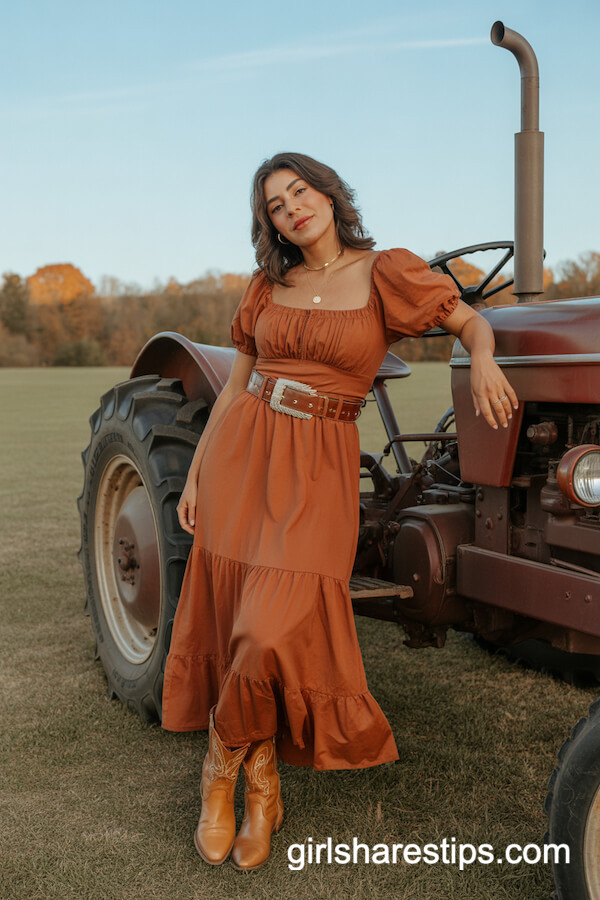 Rust-Orange Ruffle Maxi Dress