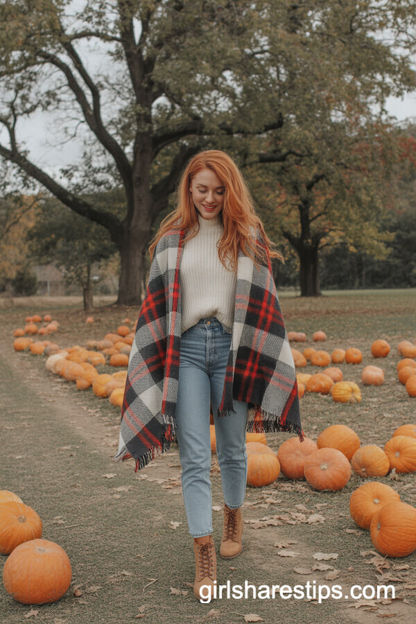 Plaid Blanket Scarf with Ivory Sweater