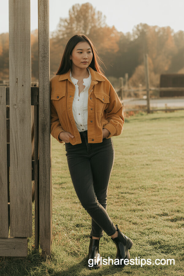 Mustard Corduroy Jacket and Dark Skinnies