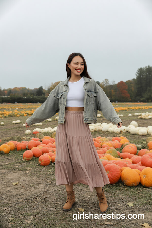 Flowy Layered Skirt with Denim Jacket