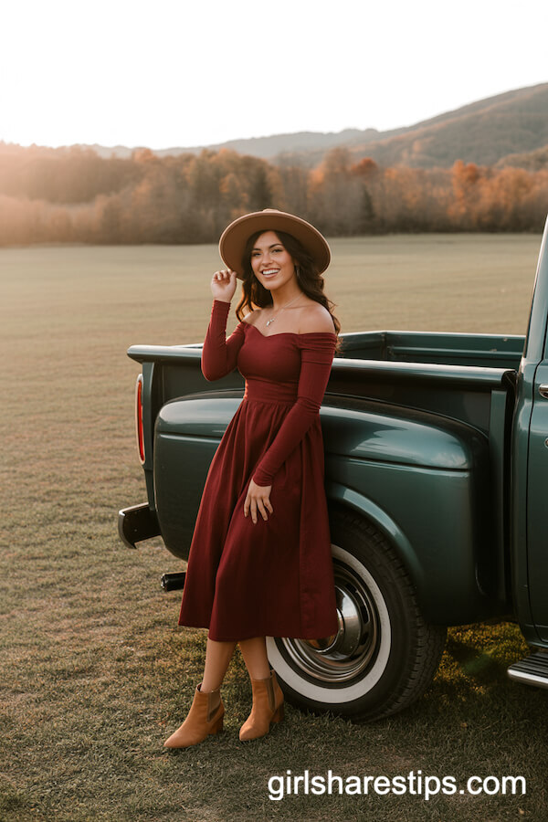 Off-Shoulder Wine Red Dress with Wide-Brim Hat