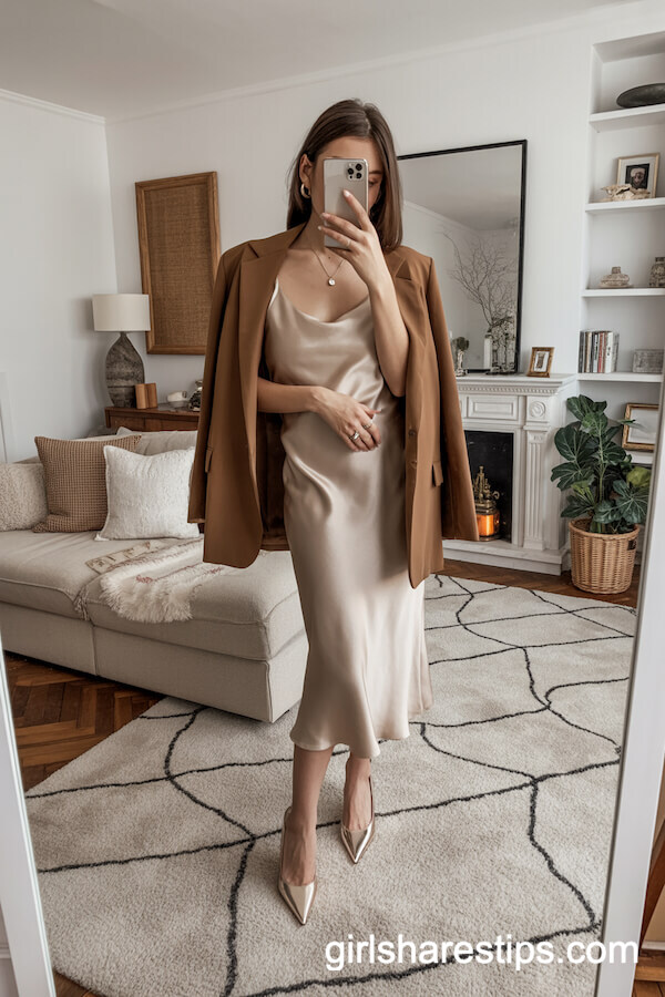Silky Slip Dress with Oversized Blazer