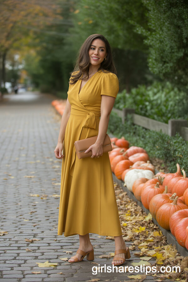 Mustard Yellow Wrap Dress with Block Heels