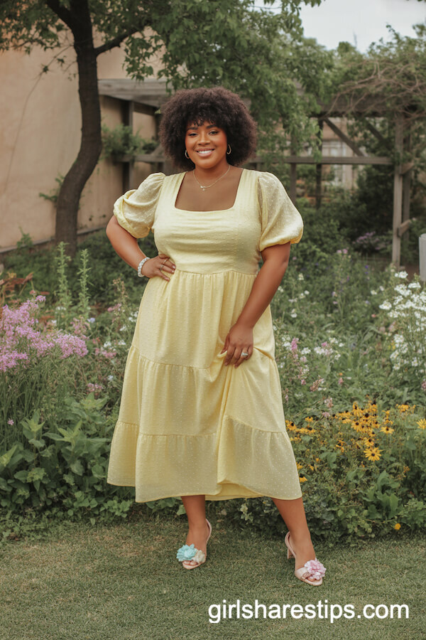 Yellow Tiered Midi Dress with Puff Sleeves