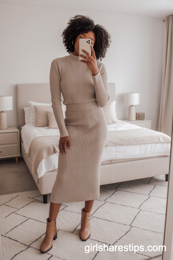 Ribbed Midi Sweater Skirt with Long-Sleeve Top