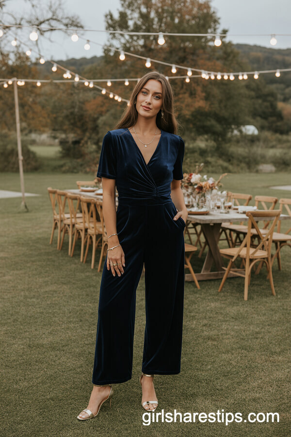 Navy Velvet Jumpsuit with Stiletto Heels