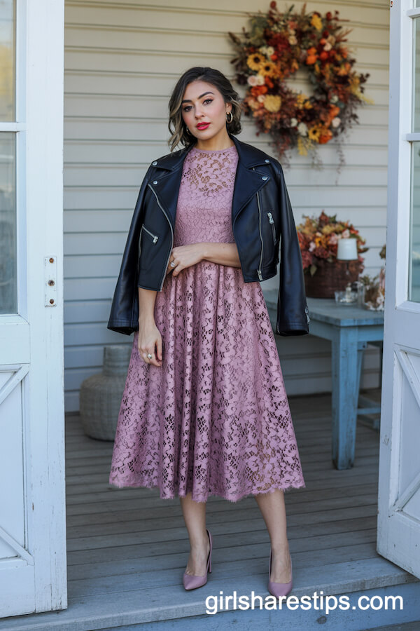Mauve Lace Dress with Cropped Moto Jacket