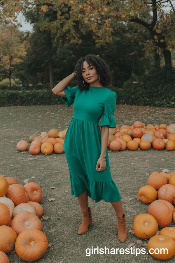 Emerald Ruffled Midi Dress with Suede Booties