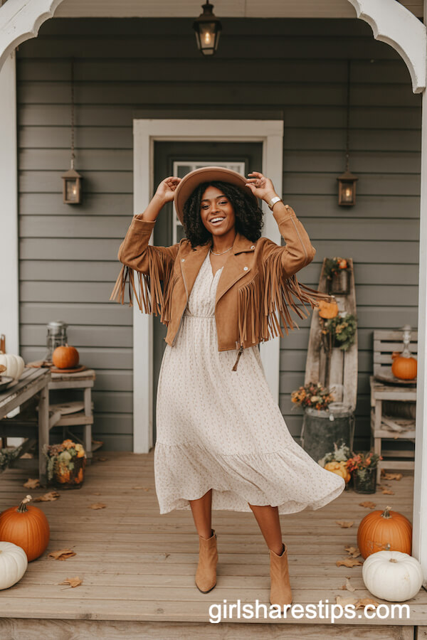 Flowing Midi Dress with Suede Fringe Jacket