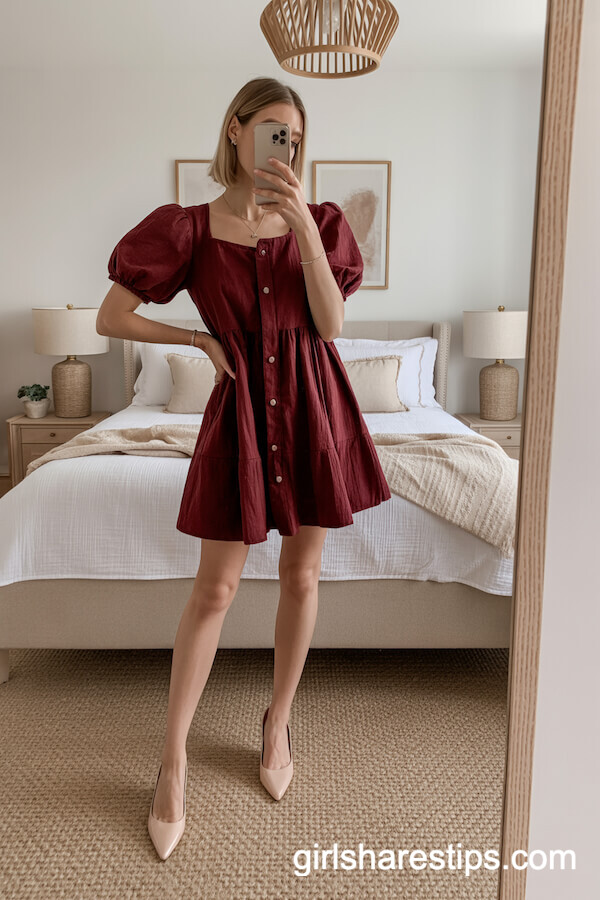 Burgundy Puff Sleeve Short Dress with Nude Heels