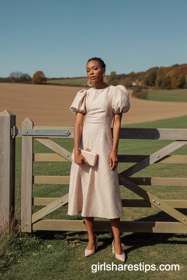 Textured Midi Dress in Champagne with Bold Clutch