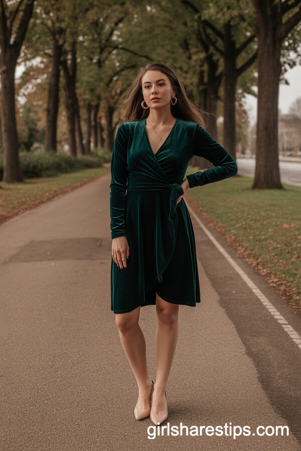 Velvet Wrap Dress in Emerald Green