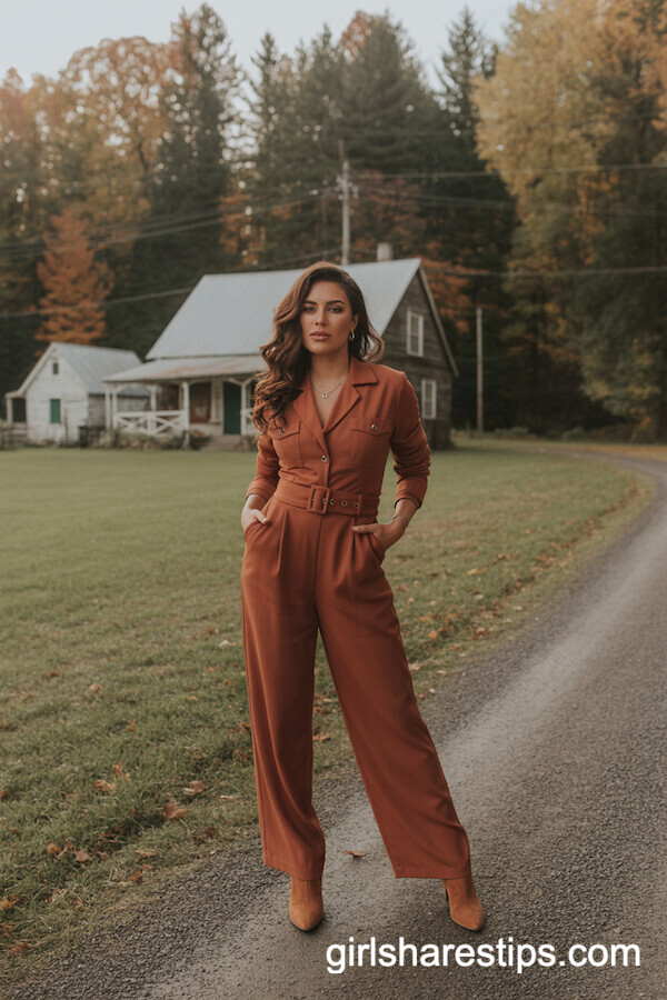 Rust-Colored Belted Jumpsuit