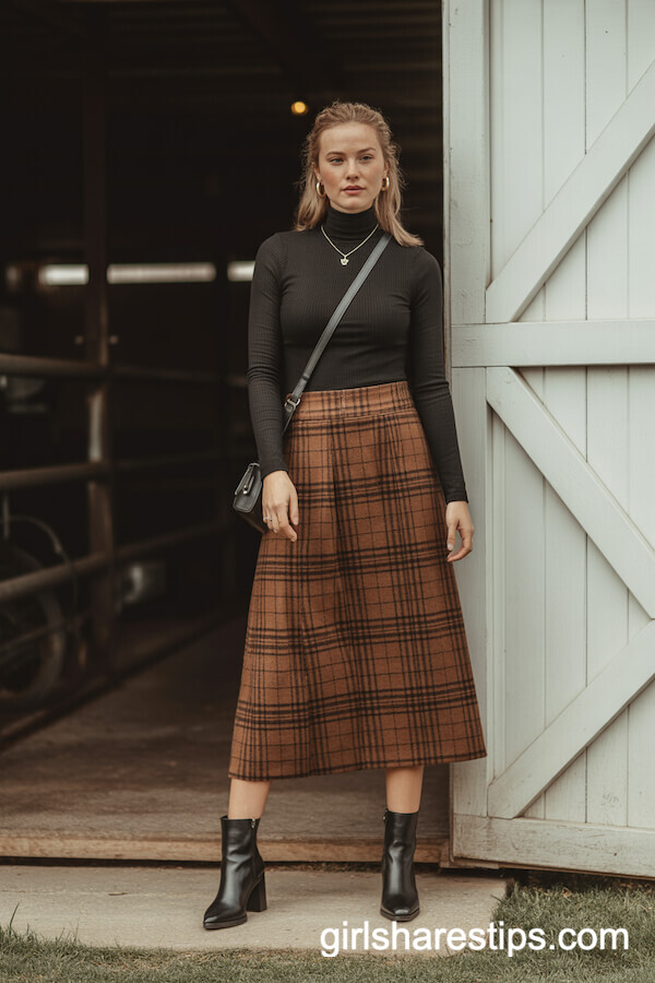 Plaid Midi Skirt with Black Turtleneck