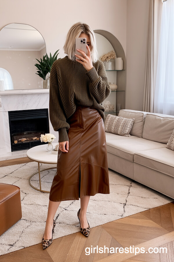 Leather Midi Skirt with Chunky Sweater