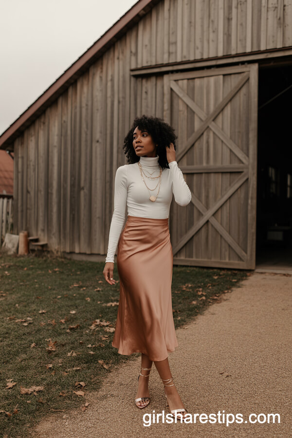 Cream Turtleneck with Copper Satin Skirt