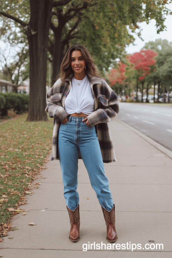 Classic High-Waist Jeans & Plaid Shacket