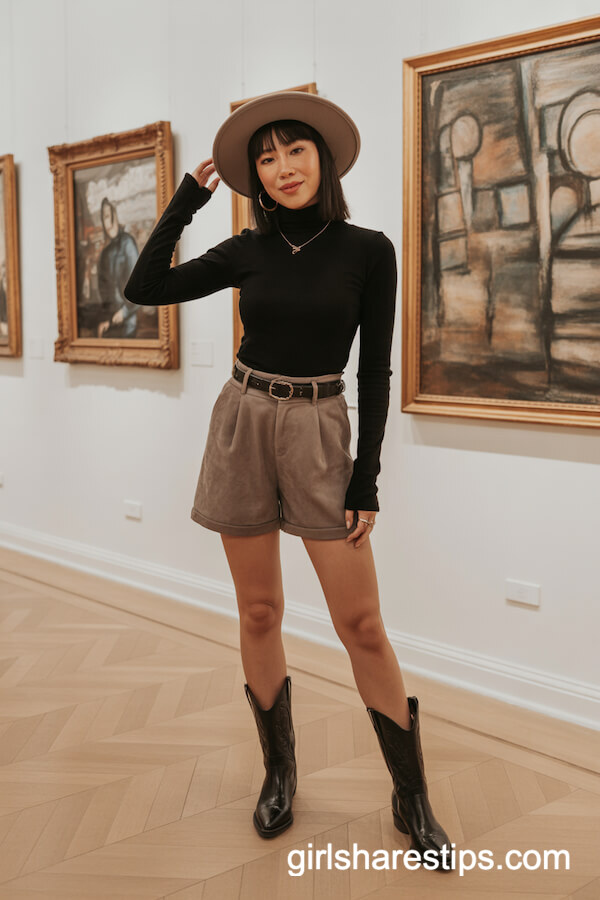 Taupe Suede Shorts Black Turtleneck
