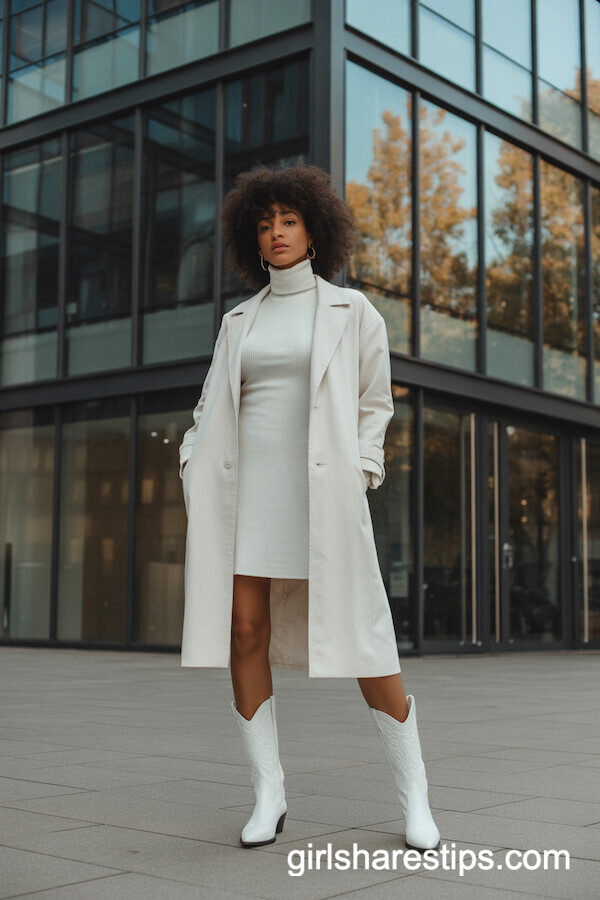 All-White Turtleneck Dress & Tailored Coat