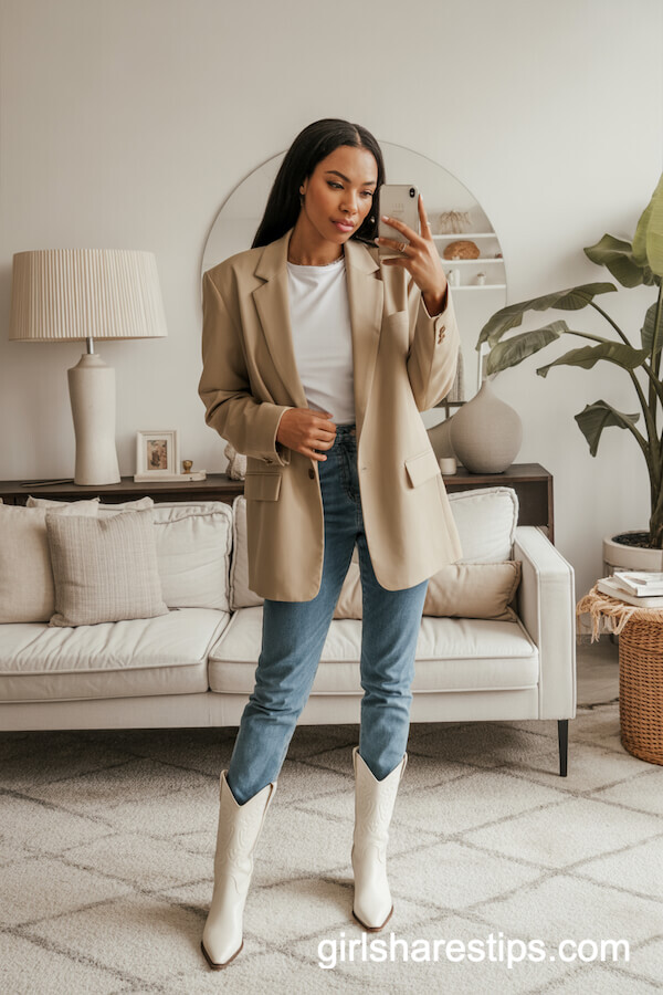 Beige Oversized Blazer & Fitted Blue Jeans