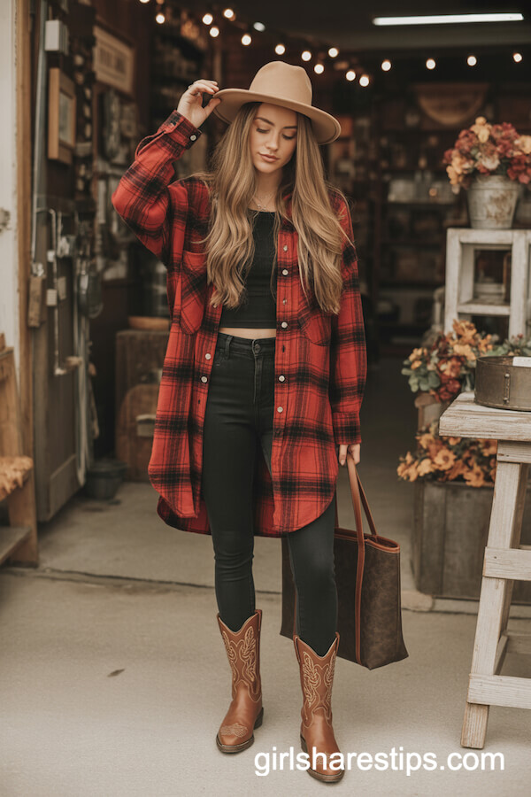 Black Leggings & Long Red Flannel Shirt