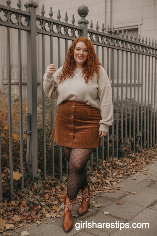 Brown Corduroy Mini Skirt Cream Sweater