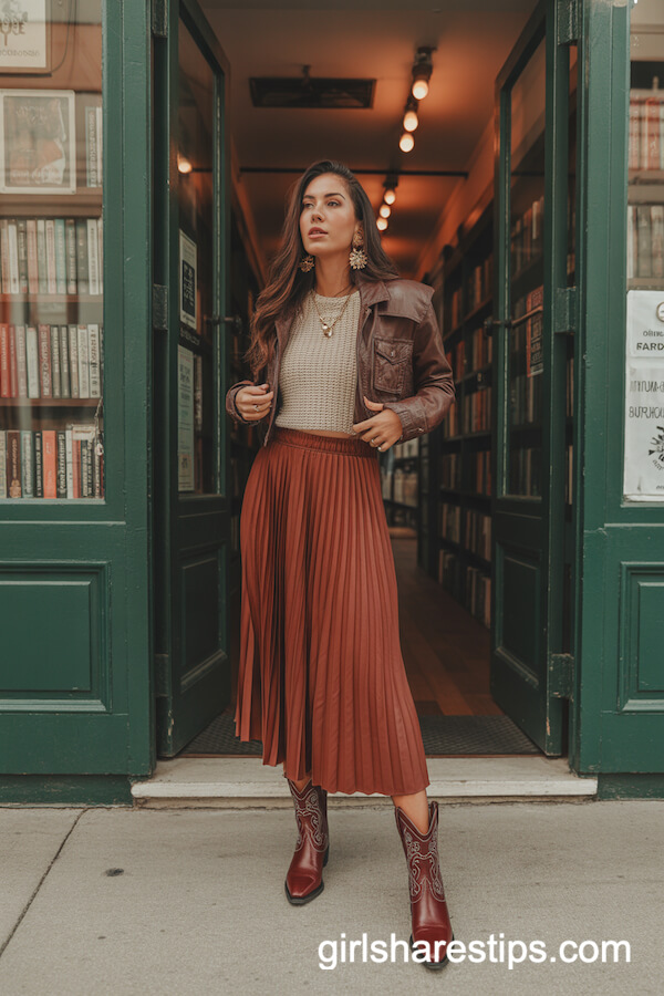 Rust Pleated Midi Skirt & Beige Knit Top